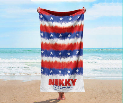 Personalized 4th of July Beach Towel: Retro Flower USA Custom Name
