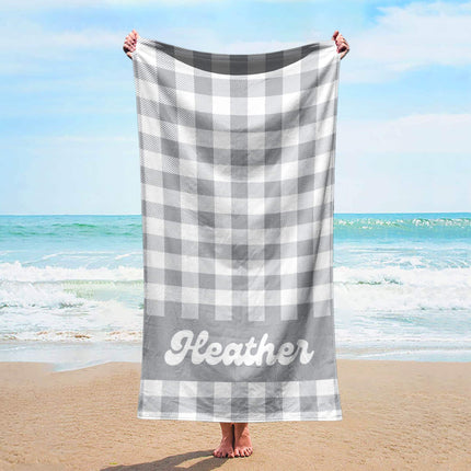 Personalized Pastel Checker Beach Towel: Retro Flower Custom Name Bath Towel