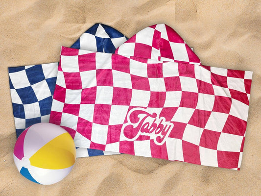 Personalized Kids Hooded Towel: Retro Checker Pattern, Custom Name