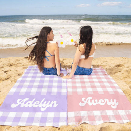Personalized Pastel Checker Beach Towel: Retro Flower Custom Name Bath Towel