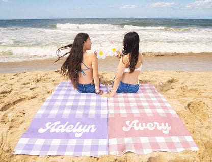 Personalized Pastel Checker Beach Towel: Retro Flower Custom Name Bath Towel