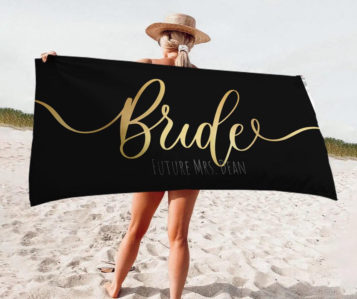 Personalized Bride Beach Towel: Gold Script Honeymoon Gift