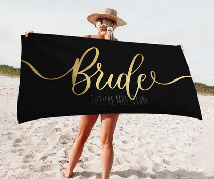 Personalized Bride Beach Towel: Gold Script Honeymoon Gift