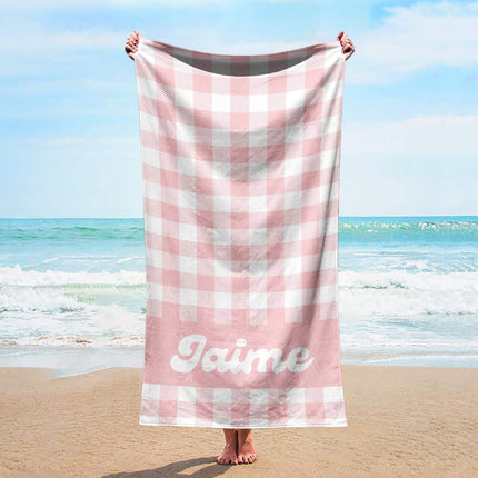 Personalized Pastel Checker Beach Towel: Retro Flower Custom Name Bath Towel