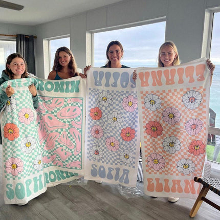 Retro Floral Personalized Beach Towel: Custom Name Vacation Gift
