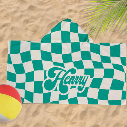 Personalized Kids Hooded Towel: Retro Checker Pattern, Custom Name