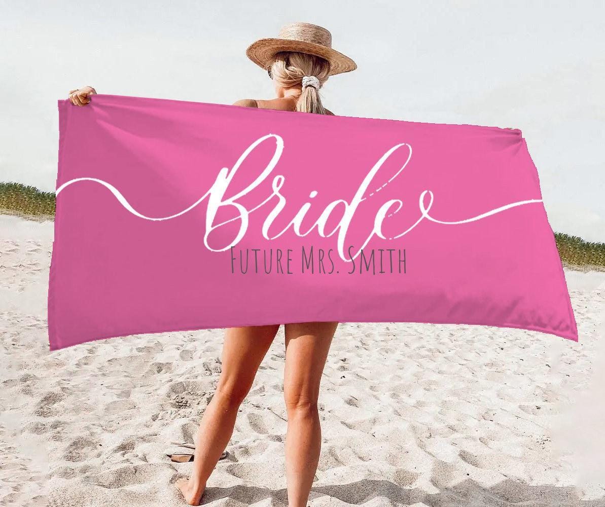 Personalized Bride Beach Towel: Gold Script Honeymoon Gift