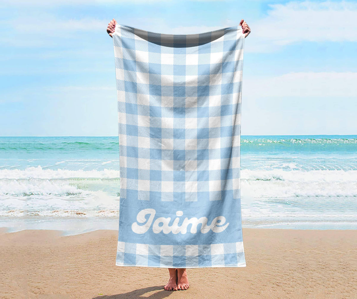 Personalized Pastel Checker Beach Towel: Retro Flower Custom Name Bath Towel