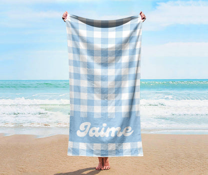 Personalized Pastel Checker Beach Towel: Retro Flower Custom Name Bath Towel