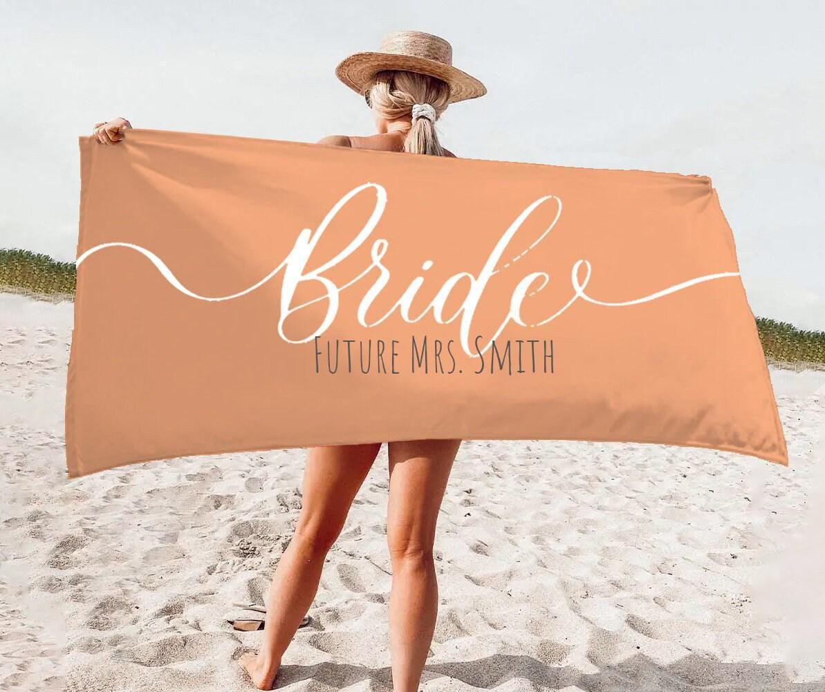 Personalized Bride Beach Towel: Gold Script Honeymoon Gift