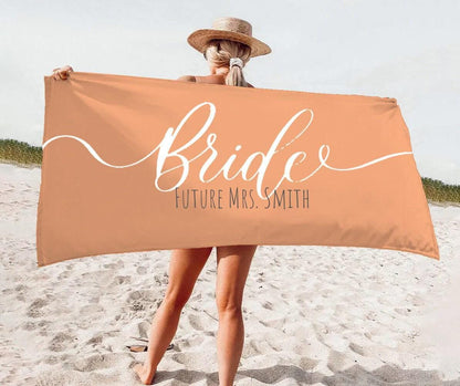 Personalized Bride Beach Towel: Gold Script Honeymoon Gift