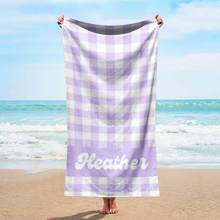 Personalized Pastel Checker Beach Towel: Retro Flower Custom Name Bath Towel