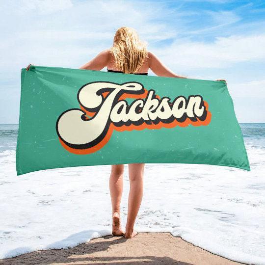 Personalized Retro Beach Towel: Custom Name, 50% Cotton, 30x60