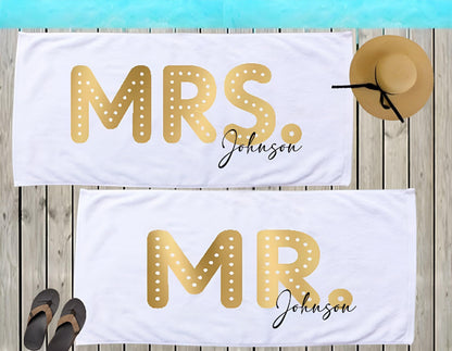 Personalized Mr. & Mrs. Beach Towels: Honeymoon Newlywed Gift