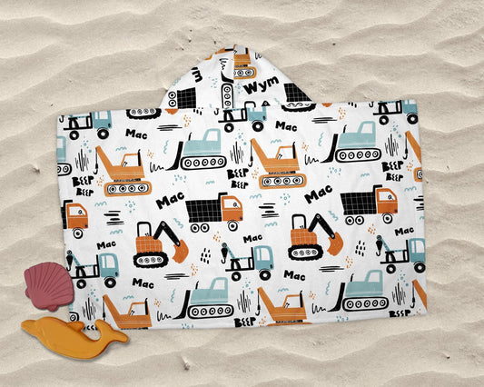 Personalized Kids Hooded Towel: Truck & Dino Pattern, Custom Beach Poncho