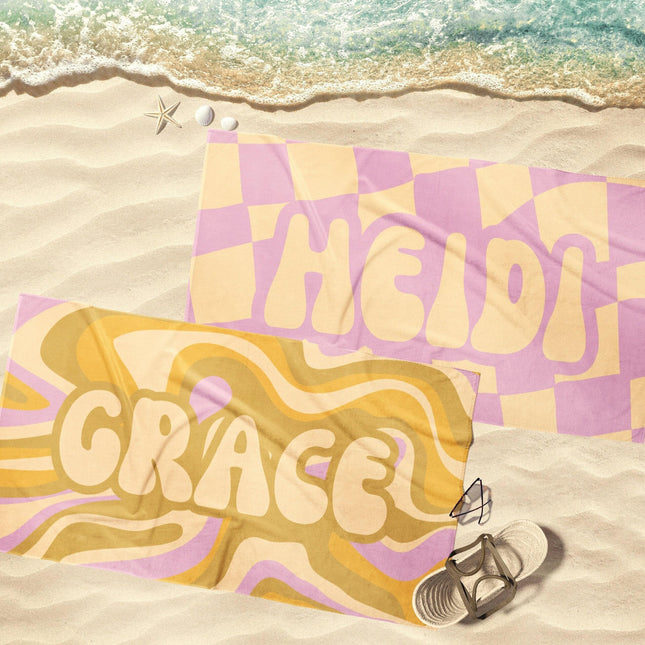 Groovy NEW RETRO Style Personalized Beach Towel Personalized Name Bath Towel Custom Beach Towel With Name Outside Birthday Vacation Gift