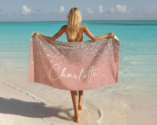 Silver Glitter Personalized Beach Towel: Custom Name Vacation Gift