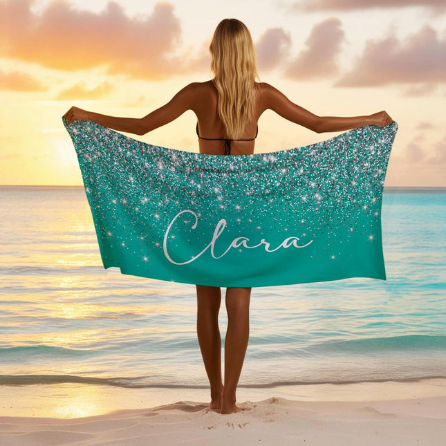 Silver Glitter Personalized Beach Towel: Custom Name Vacation Gift