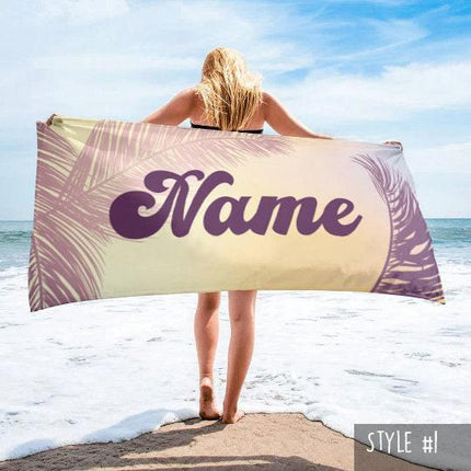 Retro Personalized Beach Towel: Custom Name, Palm Tree Design