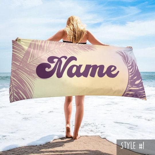 Retro Personalized Beach Towel: Custom Name, Palm Tree Design