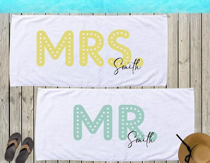 Personalized Mr. & Mrs. Beach Towels: Honeymoon Newlywed Gift