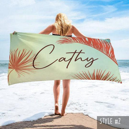 Retro Personalized Beach Towel: Custom Name, Palm Tree Design