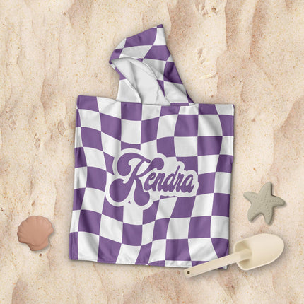 Personalized Kids Hooded Beach Towel: Retro Checker Pattern, Custom Name Gift