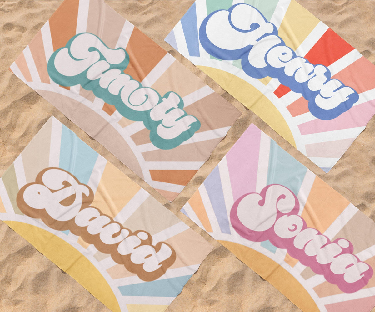 Groovy Retro Personalized Beach Towel: Custom Name Vacation Gift