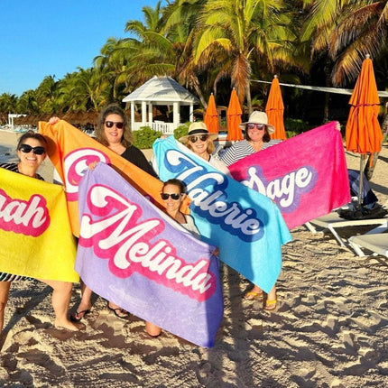 Personalized Retro Beach Towel: Custom Name, Vacation Gift