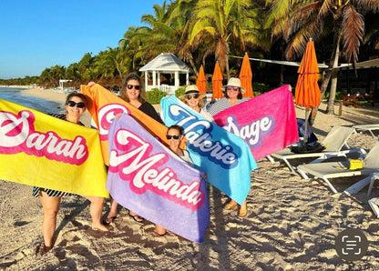 Personalized Retro Beach Towel: Custom Name, Vacation Gift