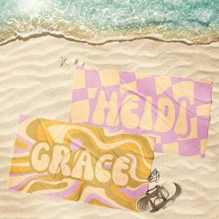 Groovy NEW RETRO Style Personalized Beach Towel Personalized Name Bath Towel Custom Beach Towel With Name Outside Birthday Vacation Gift