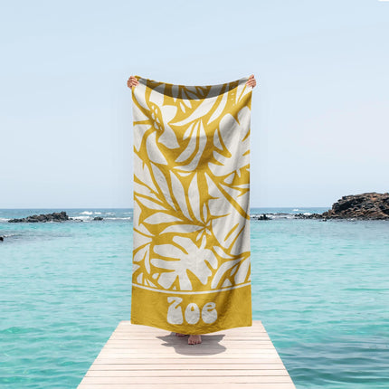 Personalized Retro Leaf Beach Towel: Custom Name, Geometric Pattern