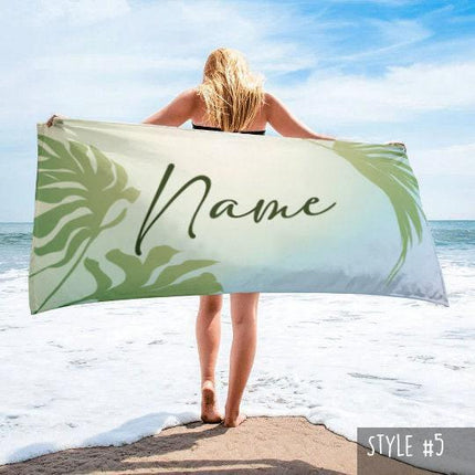 Retro Personalized Beach Towel: Custom Name, Palm Tree Design