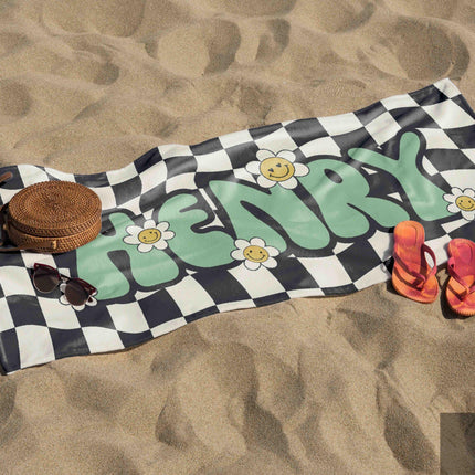 Personalized Daisy Checkerboard Beach Towel: Retro Custom Name Gift