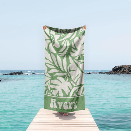 Personalized Retro Leaf Beach Towel: Custom Name, Geometric Pattern