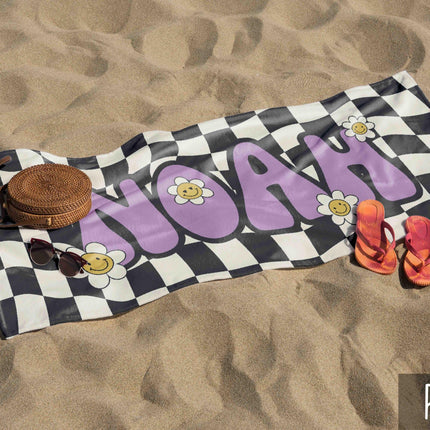 Personalized Daisy Checkerboard Beach Towel: Retro Custom Name Gift