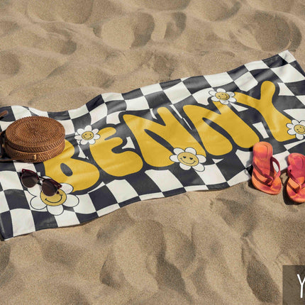 Personalized Daisy Checkerboard Beach Towel: Retro Custom Name Gift