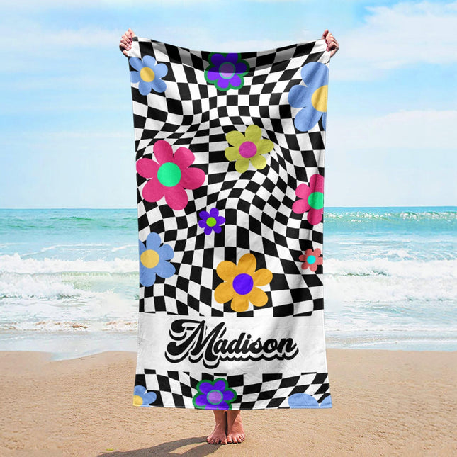 Checker Flower Personalized Beach Towel: Custom Name Pool Towel