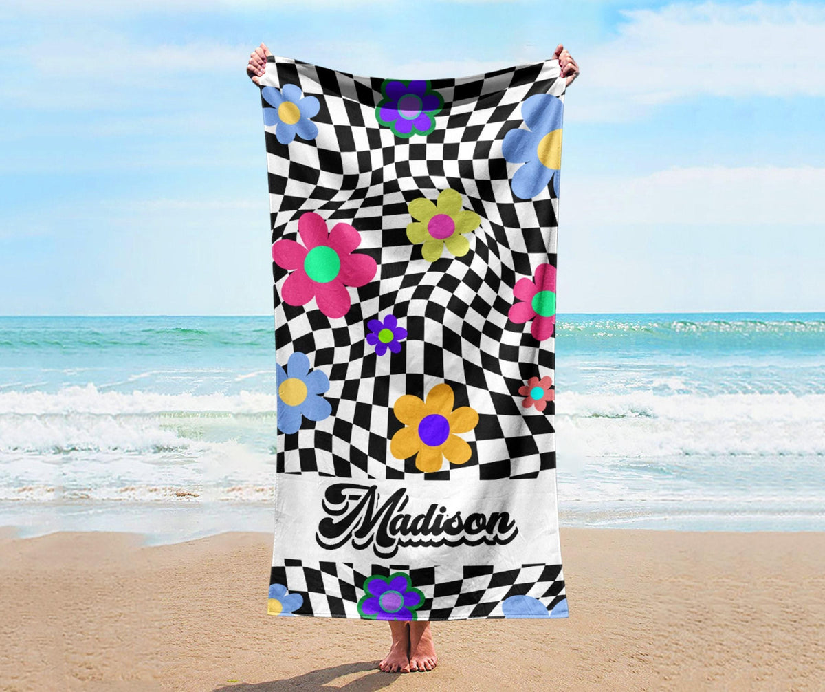 Checker Flower Personalized Beach Towel: Custom Name Pool Towel