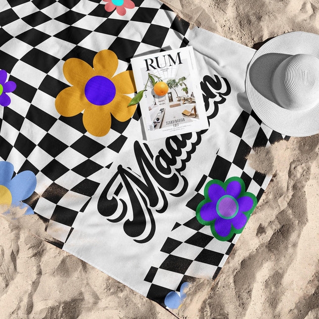 Checker Flower Personalized Beach Towel: Custom Name Pool Towel