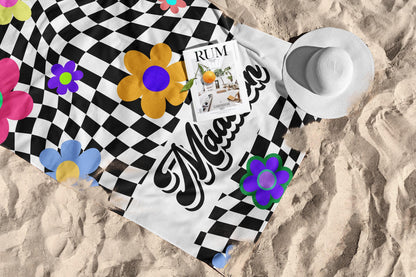 Checker Flower Personalized Beach Towel: Custom Name Pool Towel
