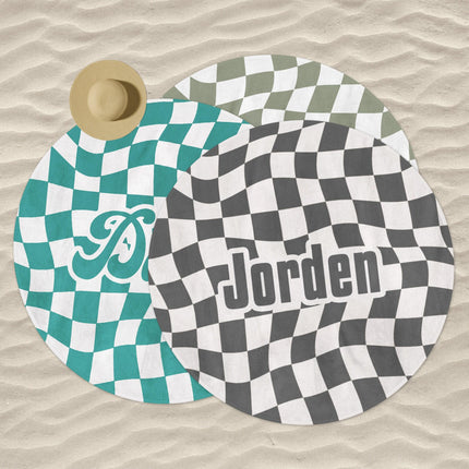 Personalized Retro Checker Beach Towel: Large Round Name Gift
