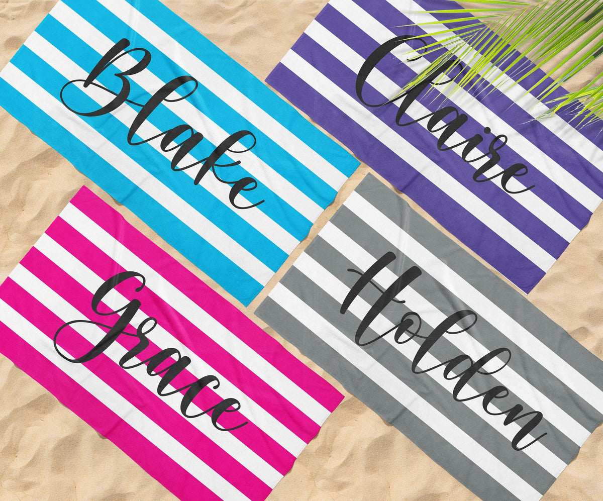 Personalized Stripe Beach Towel: Custom Name Bath & Pool Towel
