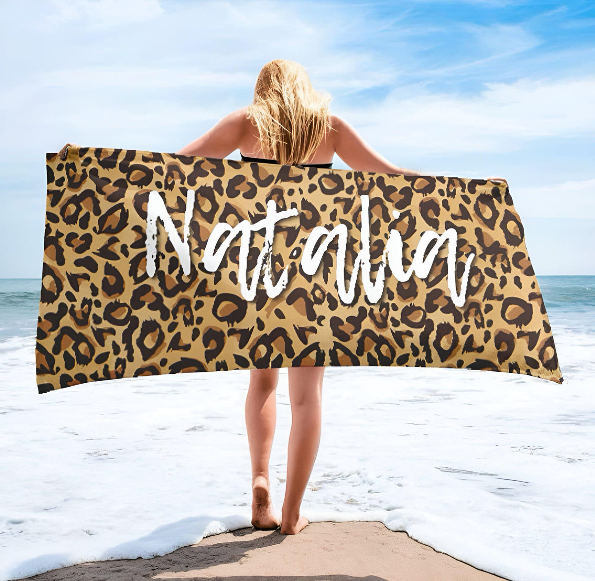 Personalized Leopard Print Beach Towel: Custom Name Pool Towel