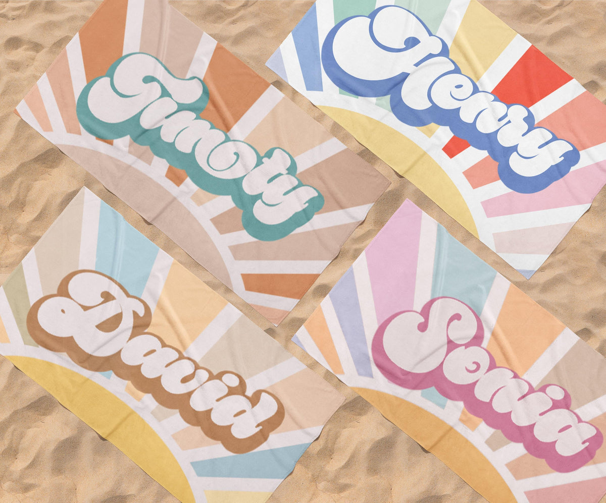 Groovy Retro Personalized Beach Towel: Custom Name Bath Towel