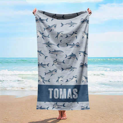 Personalized Shark Beach Towel: Custom Name, Vibrant Watercolor