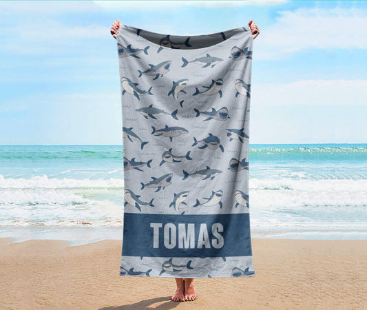 Personalized Shark Beach Towel: Custom Name, Vibrant Watercolor