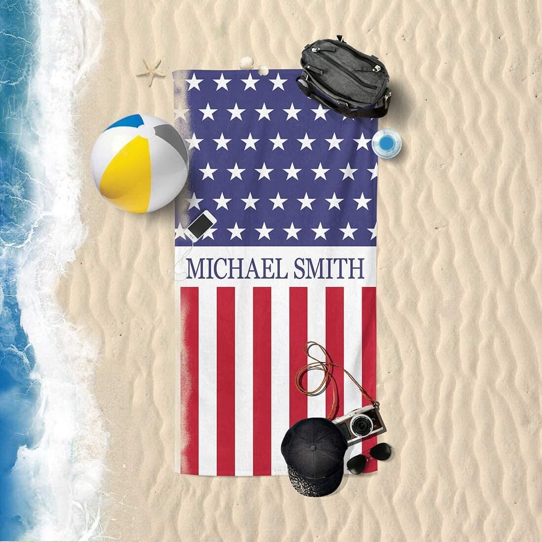 Personalized US Flag Beach Towel: Custom Name, Patriotic Gift