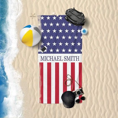 Personalized US Flag Beach Towel: Custom Name, Patriotic Gift