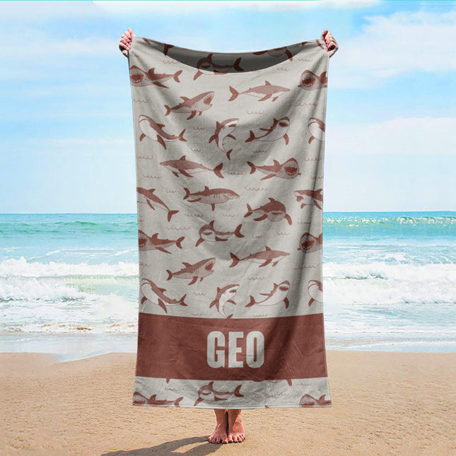 Personalized Shark Beach Towel: Custom Name, Vibrant Watercolor